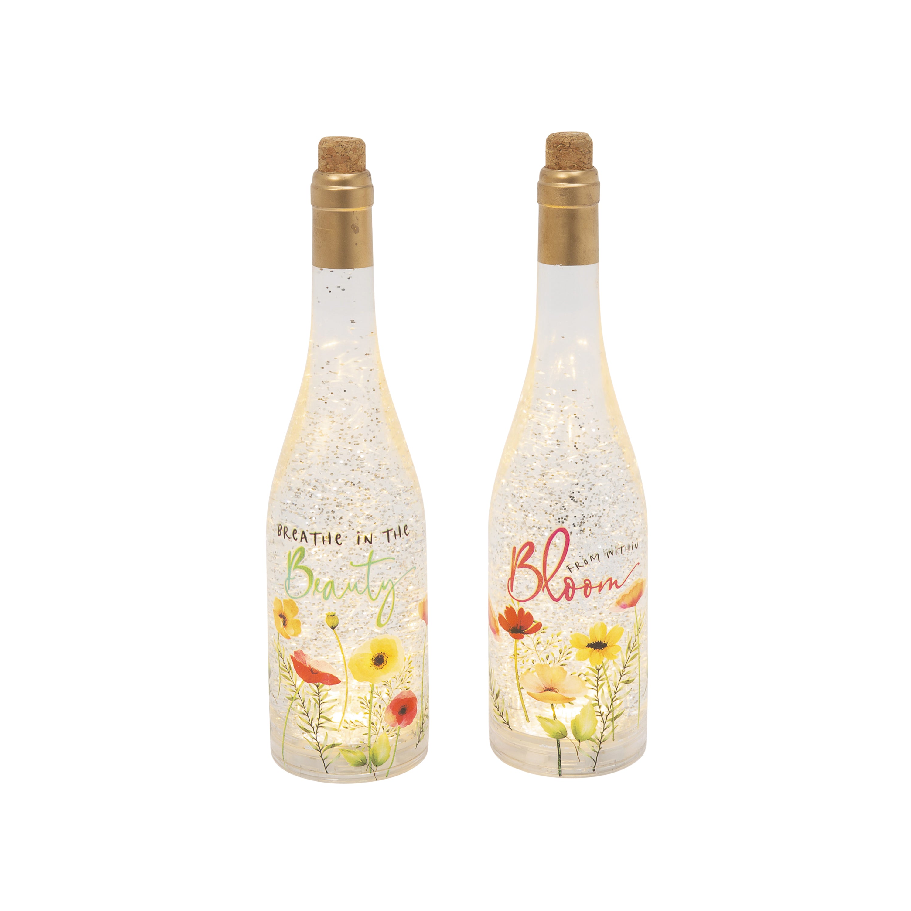 12.5 Inch Lighted Spinning Water Globe Bottles with Poppy Flower Design and Timer Set of 2